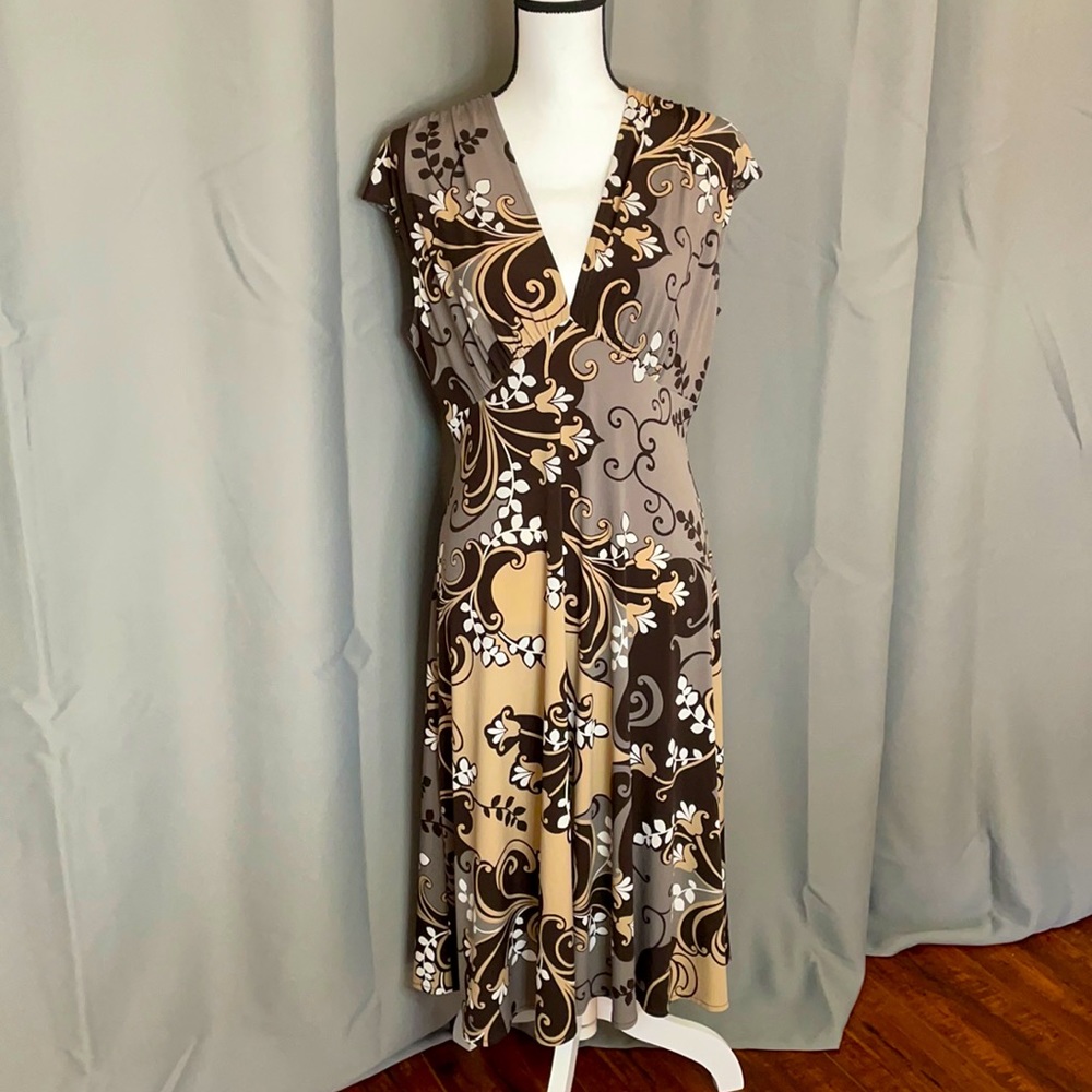 London Times Sz 14 Grey,Brown, white & Tan Dress